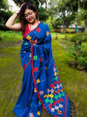 Royal Blue Pure Handloom Cotton Saree From Bengal