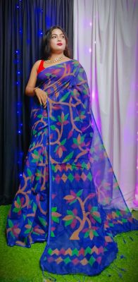 Royal Blue Pure Handloom Dhakai Jamdani Saree From Bengal
