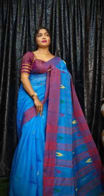 Royal Blue Pure Handloom Silk Cotton Saree From Bengal