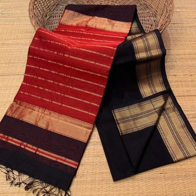 Red Black Pure Handloom Maheshwari Silk Cotton Saree From Bengal