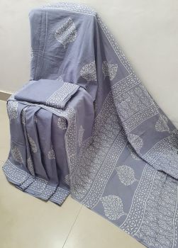 Grey Hand Block Printed Work Saree
