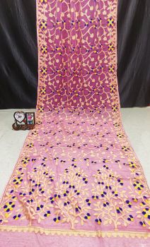 Pink Pure Handloom Muslin Dhakai Jamdani Cotton Saree From Bengal
