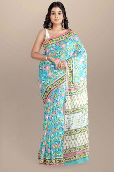Eastern Blue Block Print Cotton mulmul saree