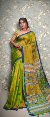 Mehandi Green Pure Handloom Tissue Silk Saree From Bengal