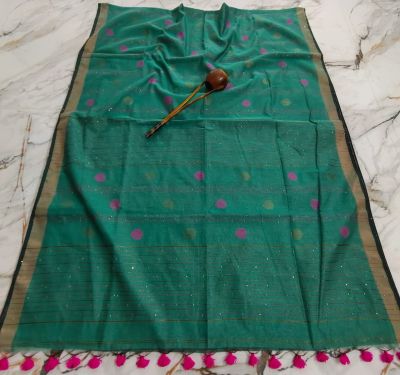 Teal Green Pure Handloom Cotton Saree From Bengal