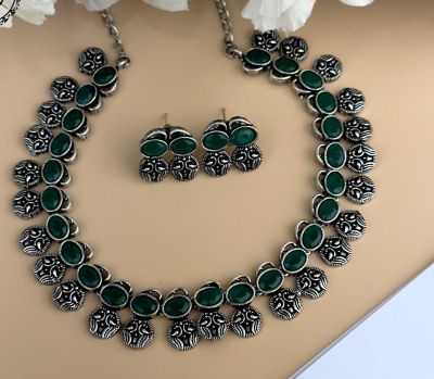 Silver Pure Oxidised Necklace With Green Stone Jewellery
