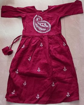 Maroon Kantha Stitch Cotton Baby Frock