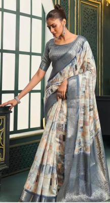 Cream Gray Pure Handloom Banarasi Silk Saree From Banaras