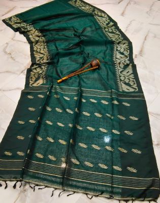 Bottle Green Pure Handloom Linen By Linen Saree From Bengal