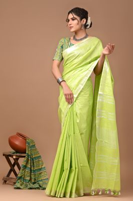 Parrot Green Pure Handloom Linen By Linen Saree From Bengal