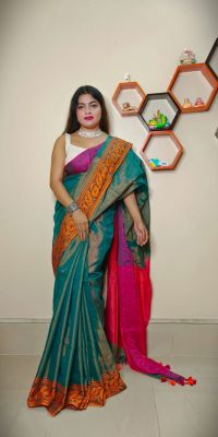 Teal Pure Handloom Tissue Silk Saree From Bengal