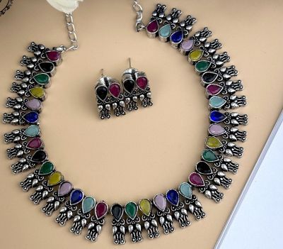 Silver Pure Oxidised Necklace With Multi Colour Stone Jewellery