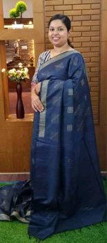 Navy Blue Pure Handloom Crafted Kota Silk Saree From Bhagalpur