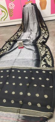 Gray Pure Handloom Linen By Linen Saree From Bengal