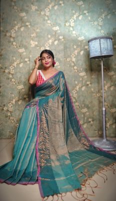 Teal Pure Handloom Tissue Silk Saree From Bengal