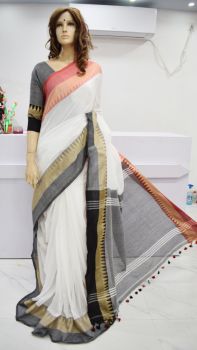 White Gray Handloom Dhakai Cotton Saree