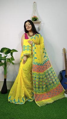 Lemon Yellow Pure Handloom Dhakai Jamdani Saree From Bengal
