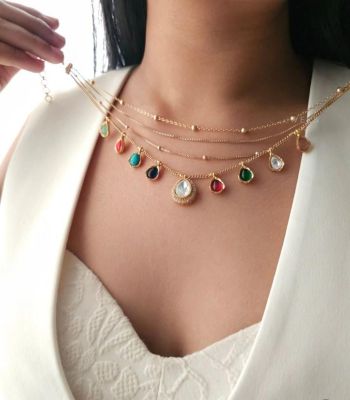 Navratan Stone Necklace With Diamond In Layered Chain