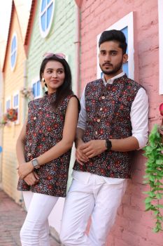 Black Red Pure Hand Block Printed Cotton Jacket Couple Set