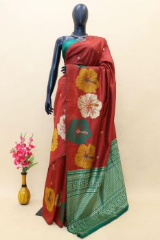 Falu Red Pure Handloom Tassar Ghicha Bapta Silk Flower Design Saree