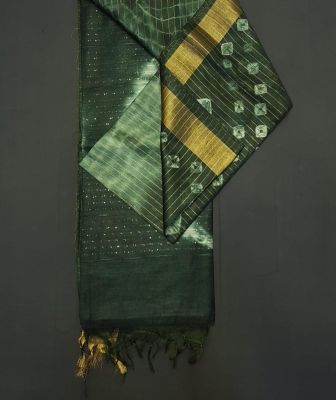 Bottle Green Pure Handloom Katan Silk Saree From Bhagalpur