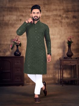 Men Rifle Green Cotton Kurta Mirror Work Original kurta