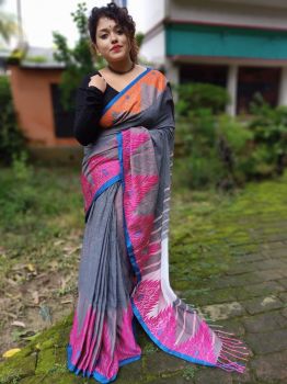 Gray Pink Handloom Cotton Saree