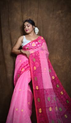 Pink Pure Handloom Dhakai Jamdani Saree From Bengal