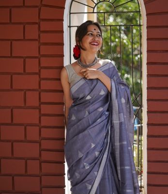 Gray Pure Handloom Linen By Linen Saree From Banaras