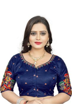 Navy Blue Malai Satin Silk Embroidery Work Blouse