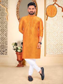Men Dusty Orange Silk Embroidery Work Neck Pattern kurta