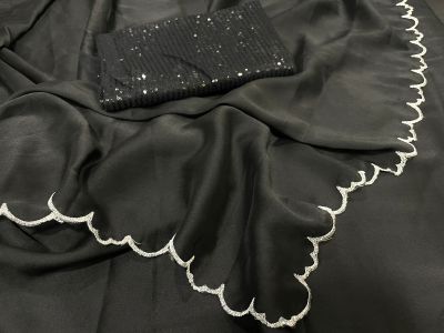 Black Plain Body Embroidery Work Georgette Silk Saree
