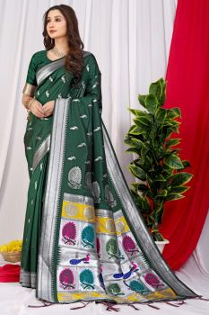Bottle Green Peacock Design Rich Pallu Meenakari Work Paithani Soft Silk Saree