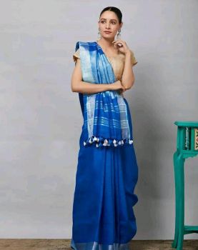 Blue Plain Linen By Linen Saree From Bhagalpur
