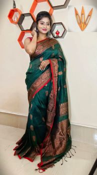 Dark Green Pure Handloom Linen Cotton Saree From Bengal