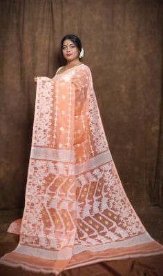 Coral Pure Handloom Dhakai Jamdani Saree From Bengal