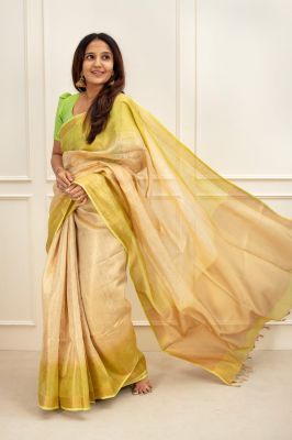Yellow Tissue Linen Pure Handloom Saree From Bhagalpur