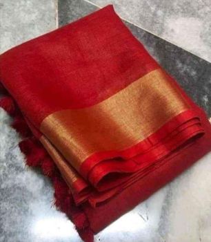 Red Plain Linen By Linen Saree From Bhagalpur