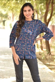 Navy Blue Hand Block Print Cotton Top