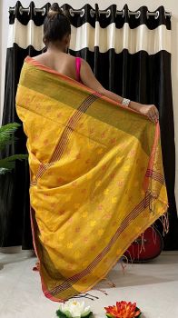 Yellow Butta Copper Zari work Tissue Saree From Bengal