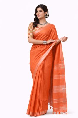 Orange Linen Pure Handloom Saree From Bengal