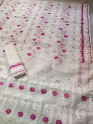 White Pure Handloom Dhakai Jamdani Saree From Bengal