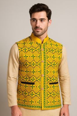 Yellow Kantha Hand Stitch Cotton Jacket From Bengal