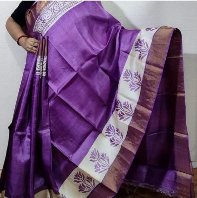 Purple Pure Handloom Tussar Silk Saree From Bengal
