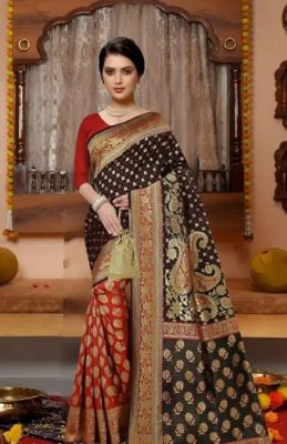 Black Red Pure Handloom Banarasi Silk Cotton Saree From Banaras