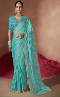 Aqua Blue Pure Handloom Georgette Saree From Banaras