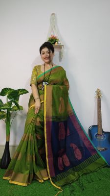 Mehandi Green Pure Handloom Silk Cotton Saree From Bengal