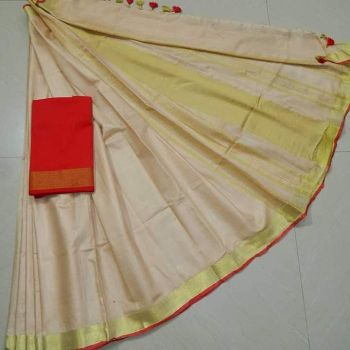 Cream Plain Linen By Linen Saree From Bhagalpur