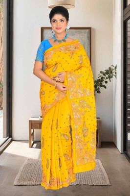 Yellow Pure Handloom Kantha Stitch Saree From Bengal