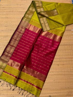 Red Green Pure Handloom Maheshwari Silk Cotton Saree From Bengal